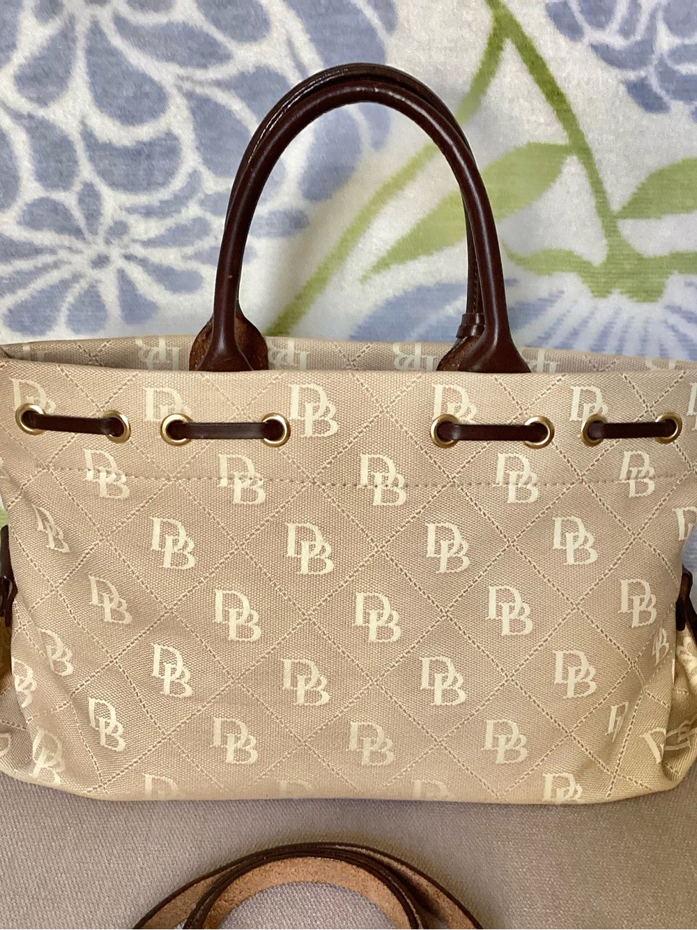 Dooney & Bourke Beige Logo Satchel with Dark Brown Trim - Picture 3 of 13